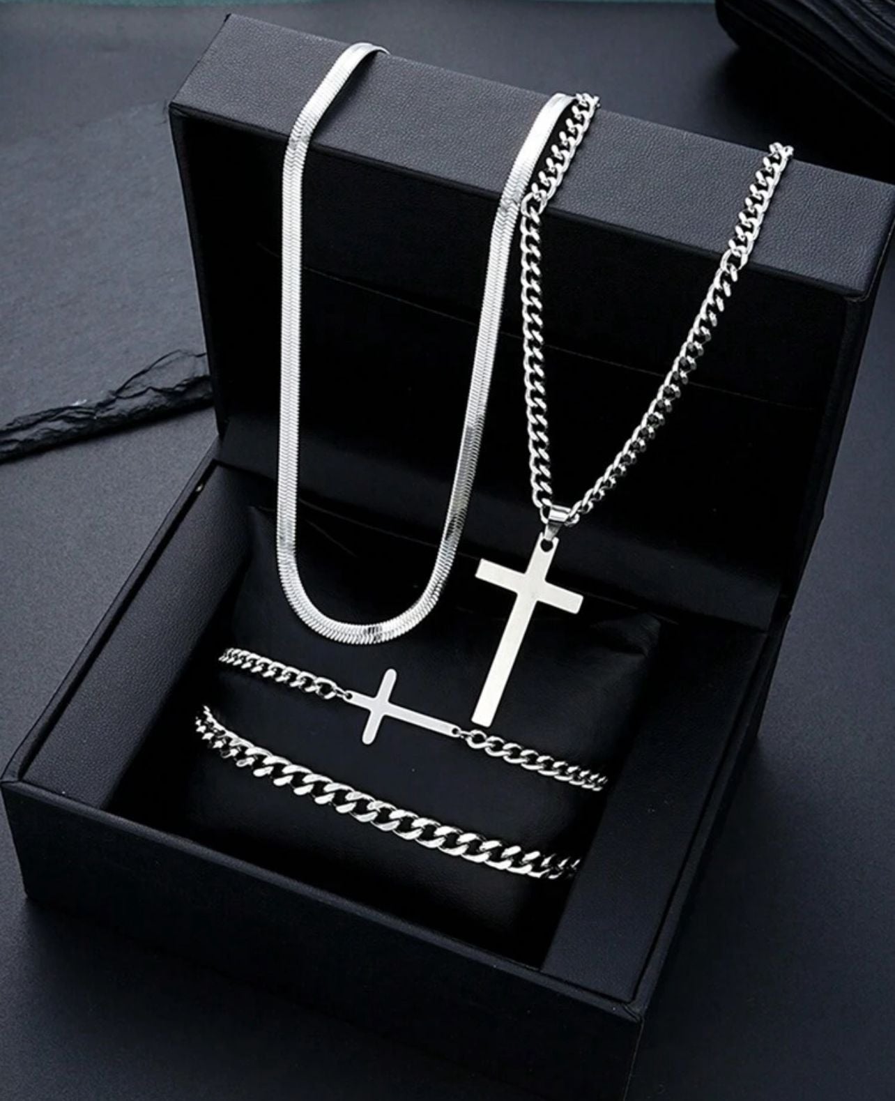 Cross Necklace Bracelet Ring Sets For Men- Stainless Steel Silver and Gold Color Versatile Jewelry Set