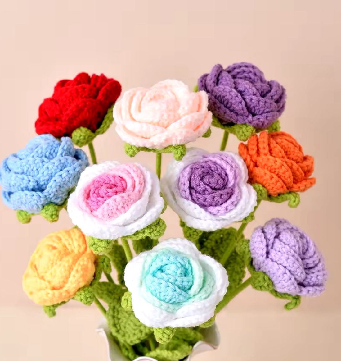 Single Rose Woven Bouquet, Artificial Flowers, Handcrafted Crochet.
