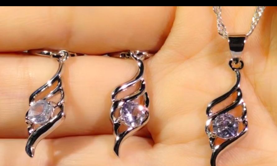 Crystal Zircon Angel Wing Jewellery Set Stud Hoop Earrings & Necklace Silver Set
