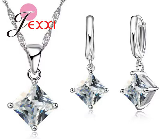 Square Shape Austrian Crystal Noble Jewelry Sets Wedding 925 Sterling Silver Necklace Pendant Earring