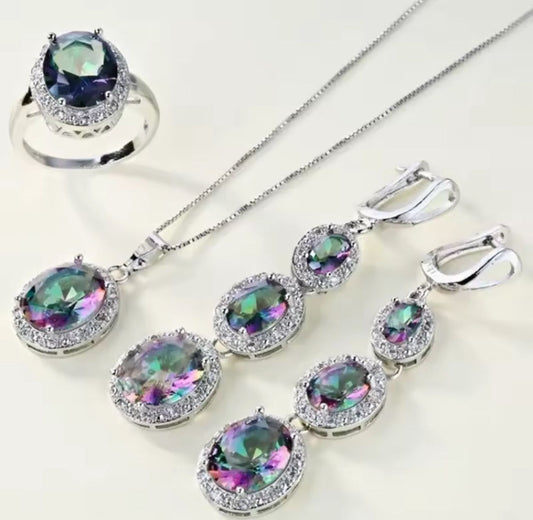 Zircon Jewelry Set, Ring Necklace Earrings Inlaid With Zircon Three-Piece Set.