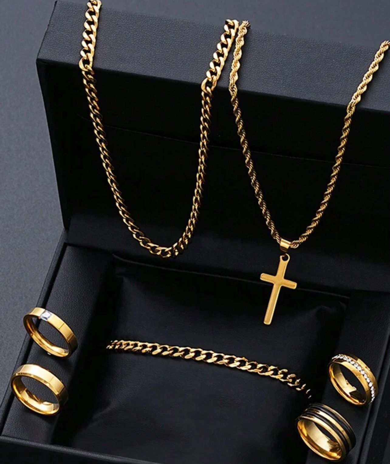 Cross Necklace Bracelet Ring Sets For Men- Stainless Steel Silver and Gold Color Versatile Jewelry Set