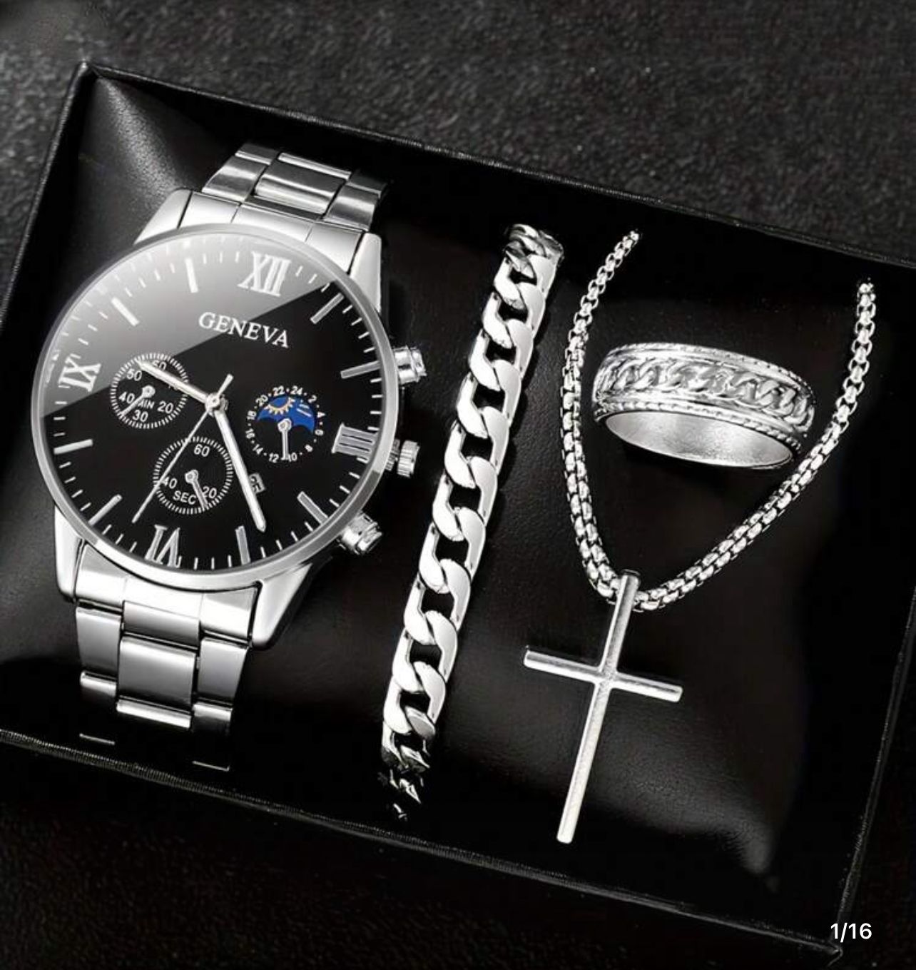 3PCS Classic business style alloy men's quartz watch with Cuban bracelet Cross necklace set Birthday gift wristband calendar