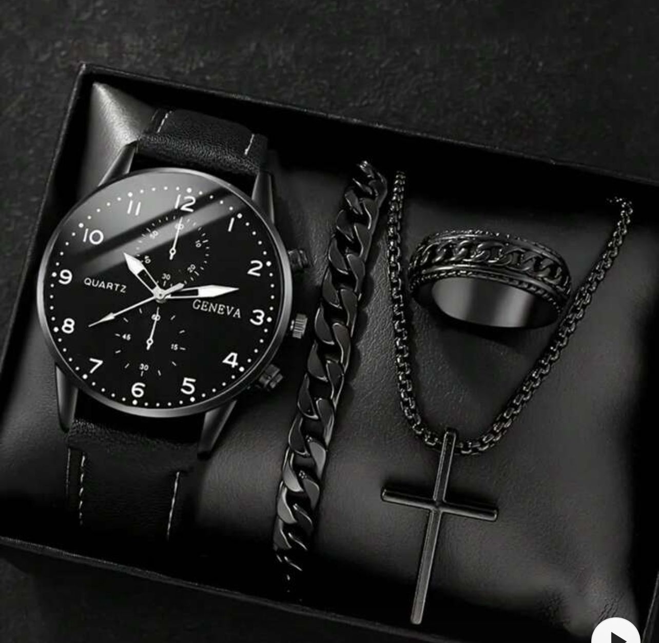 3PCS Classic business style alloy men's quartz watch with Cuban bracelet Cross necklace set Birthday gift wristband calendar