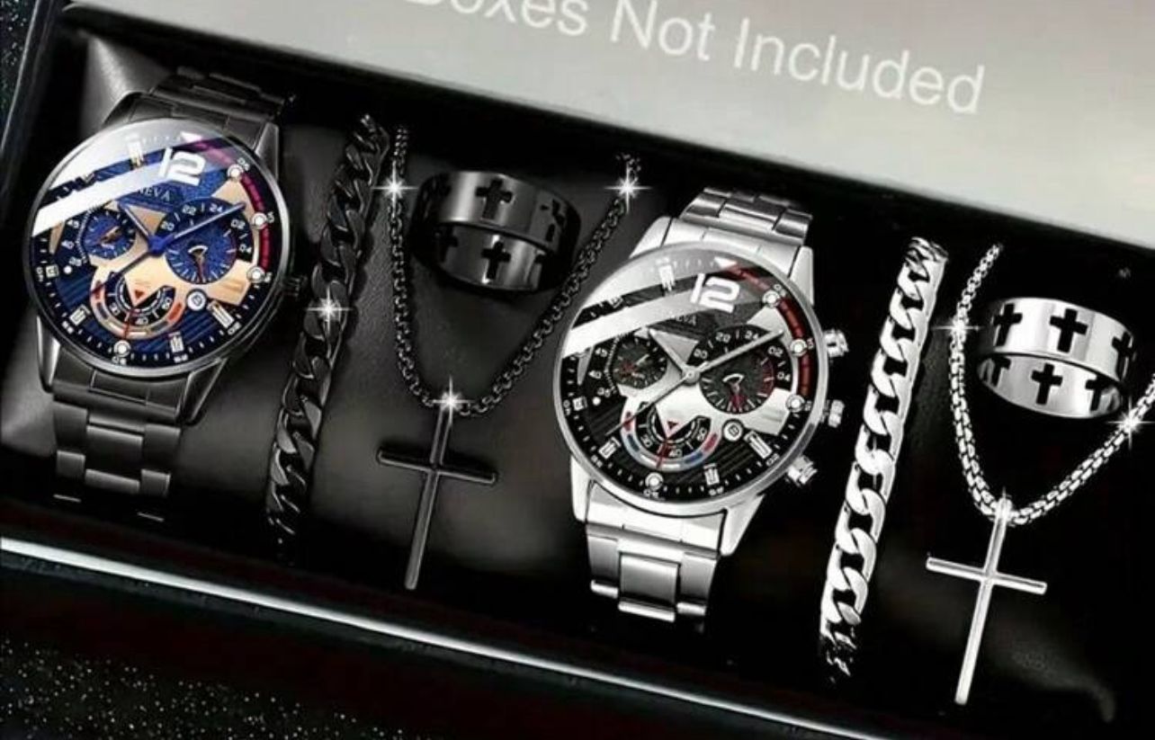 3PCS Classic business style alloy men's quartz watch with Cuban bracelet Cross necklace set Birthday gift wristband calendar