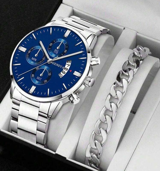 3PCS Classic business style alloy men's quartz watch with Cuban bracelet Cross necklace set Birthday gift wristband calendar