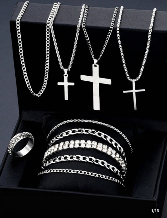 Cross Necklace Bracelet Ring Sets For Men- Stainless Steel Silver and Gold Color Versatile Jewelry Set