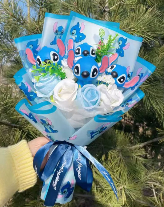 Cartoon Vinyl Doll Stitch Action Figures With Artificial Flower Creative Bouquet