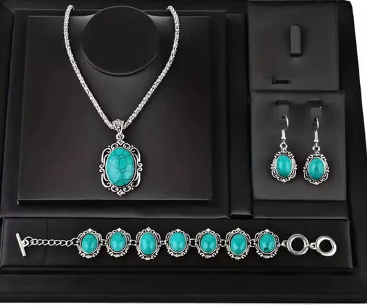 3pcs Women's Vintage Turquoise Bracelet Necklace Earrings Set, Healing Stone Decoration Gift
