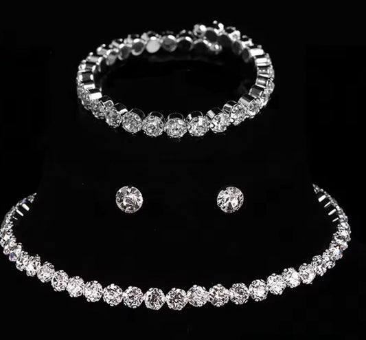 Luxury Female White Crystal Jewelry Set Charm Silver Color Wedding Dangle Earrings for Women Cute Bridal Geometry Chain Necklace
