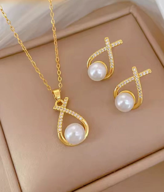 Elegant Faux Pearl Waterdrop 3pcs Pendant Necklace & Earrings Set