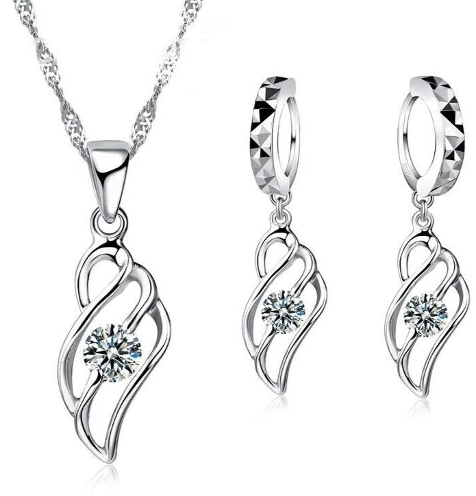 Crystal Zircon Angel Wing Jewellery Set Stud Hoop Earrings & Necklace Silver Set
