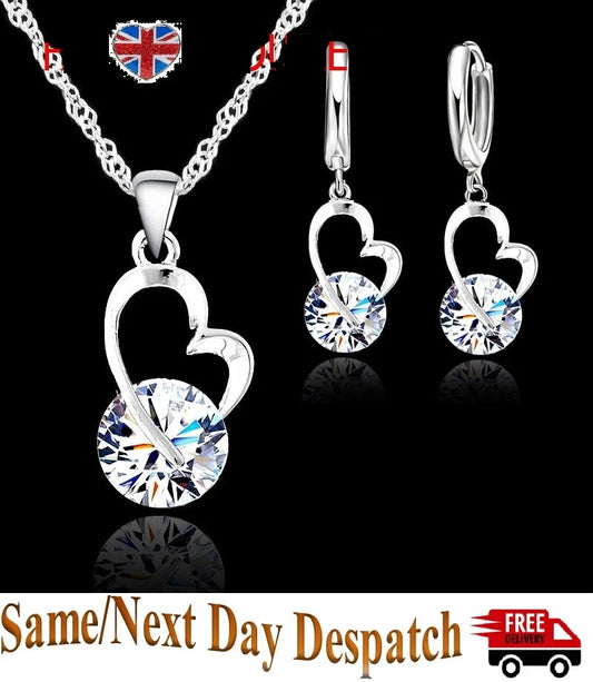 925 Sterling Silver Bridal Jewelry Sets Fashion Jewelry Romantic Heart Shape Round Crystal Women Girls Engagement Anniversary